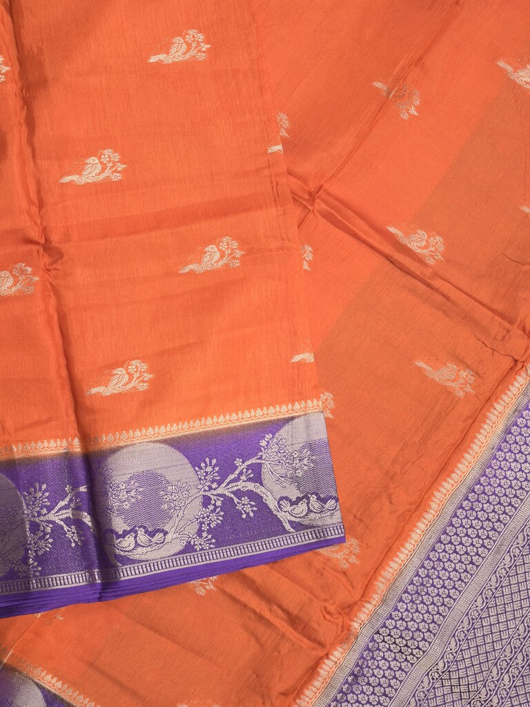 Tabby silk fancy saree orange color allover zari motifs & zari border with rich pallu and contrast blouse