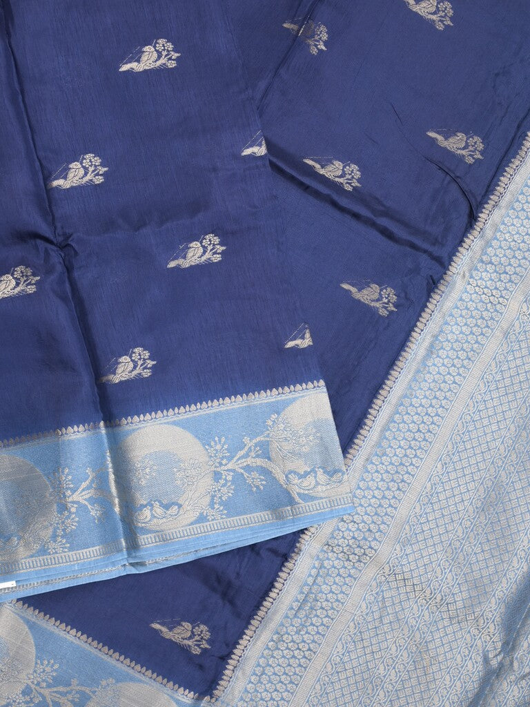 Tabby silk fancy saree royal blue color allover zari motifs & zari border with rich pallu and contrast blouse