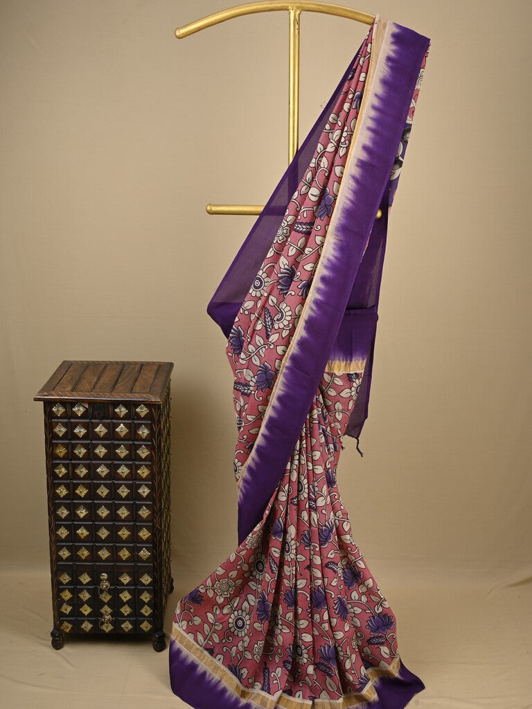 Kalamkari silk saree in onion pink, featuring a contrast color border and plain matching blouse