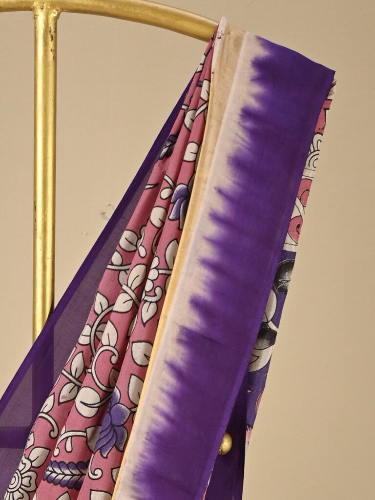 Kalamkari silk saree in onion pink, featuring a contrast color border and plain matching blouse