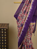 Kalamkari silk saree in onion pink, featuring a contrast color border and plain matching blouse