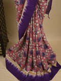 Kalamkari silk saree in onion pink, featuring a contrast color border and plain matching blouse
