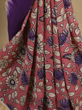 Kalamkari silk saree in onion pink, featuring a contrast color border and plain matching blouse