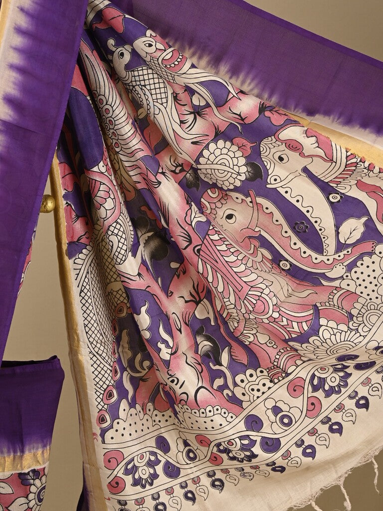 Kalamkari silk saree in onion pink, featuring a contrast color border and plain matching blouse
