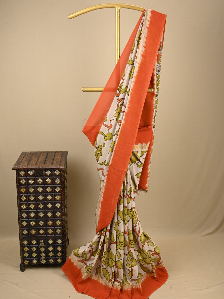 Kalamkari silk saree in cream, featuring a contrast color border and plain matching blouse