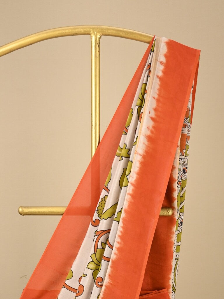 Kalamkari silk saree in cream, featuring a contrast color border and plain matching blouse