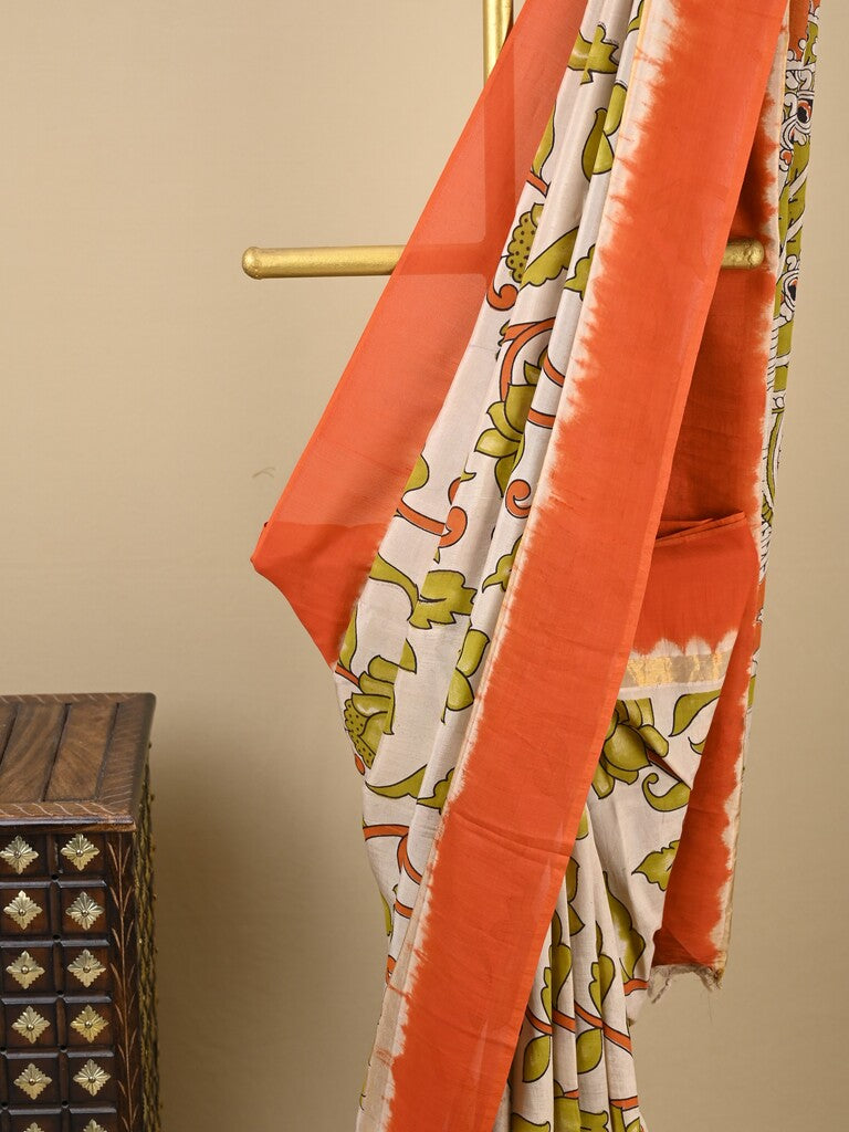 Kalamkari silk saree in cream, featuring a contrast color border and plain matching blouse