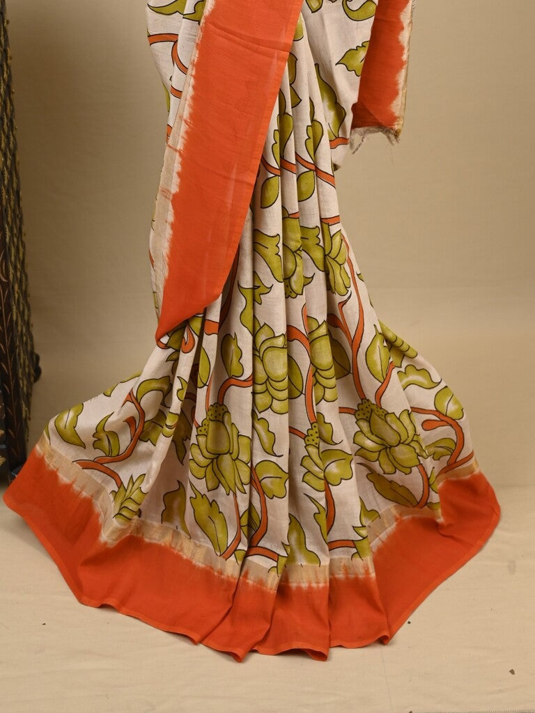 Kalamkari silk saree in cream, featuring a contrast color border and plain matching blouse