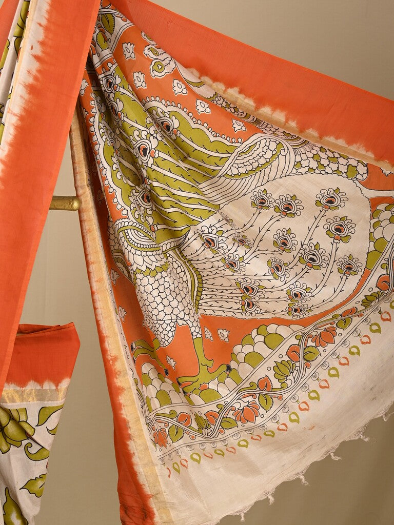 Kalamkari silk saree in cream, featuring a contrast color border and plain matching blouse