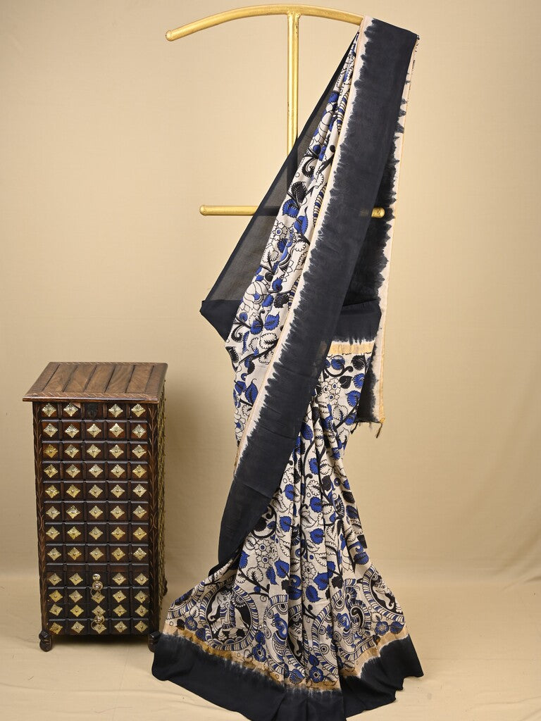 Kalamkari silk saree in white, featuring a contrast color border and plain matching blouse