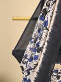Kalamkari silk saree in white, featuring a contrast color border and plain matching blouse