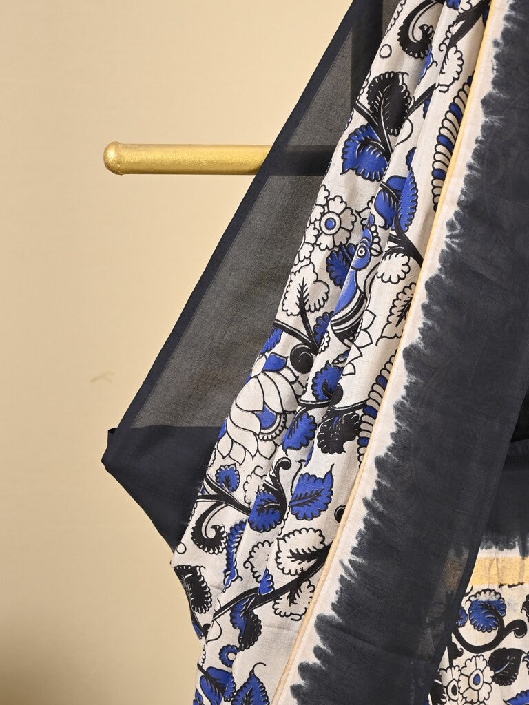 Kalamkari silk saree in white, featuring a contrast color border and plain matching blouse