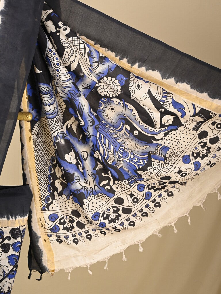 Kalamkari silk saree in white, featuring a contrast color border and plain matching blouse