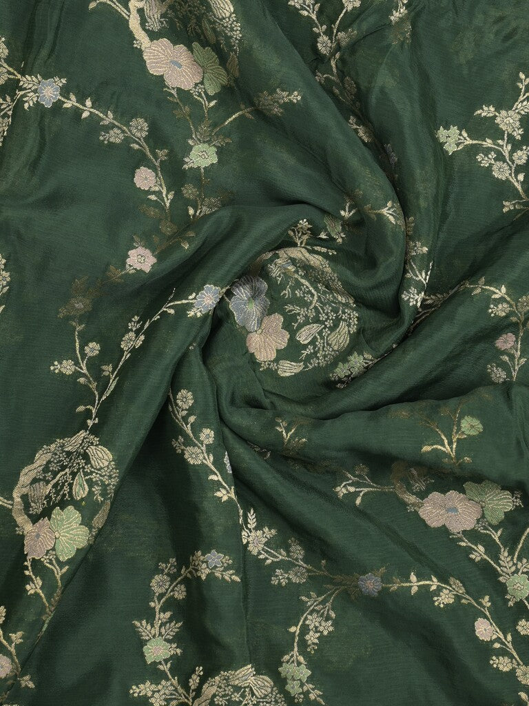 Chinnon fancy saree dark green color allover zari weaves & zari border with rich pallu and plain blouse