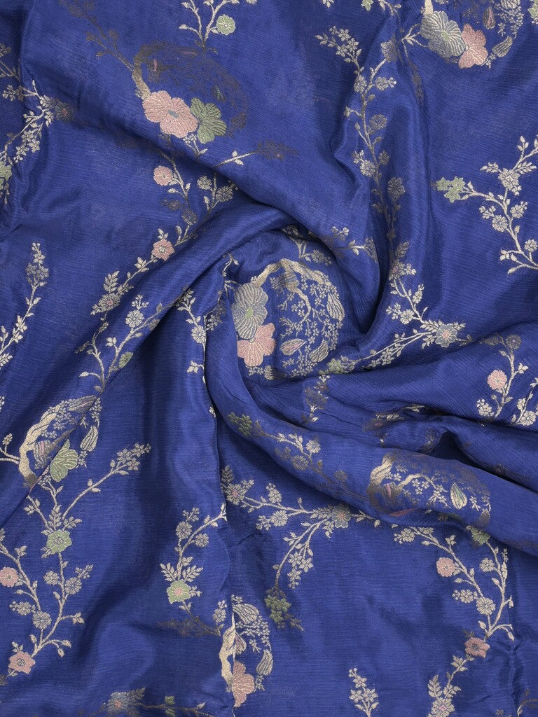 Chinnon fancy saree royal blue color allover zari weaves & zari border with rich pallu and plain blouse