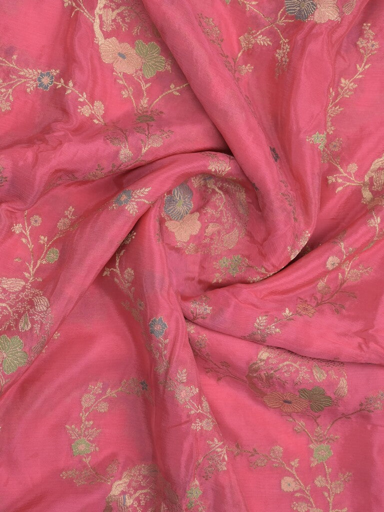 Chinnon fancy saree light pink color allover zari weaves & zari border with rich pallu and plain blouse