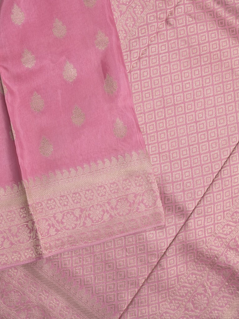 Tabby silk fancy saree light pink color allover zari motifs & zari border with rich pallu and plain blouse