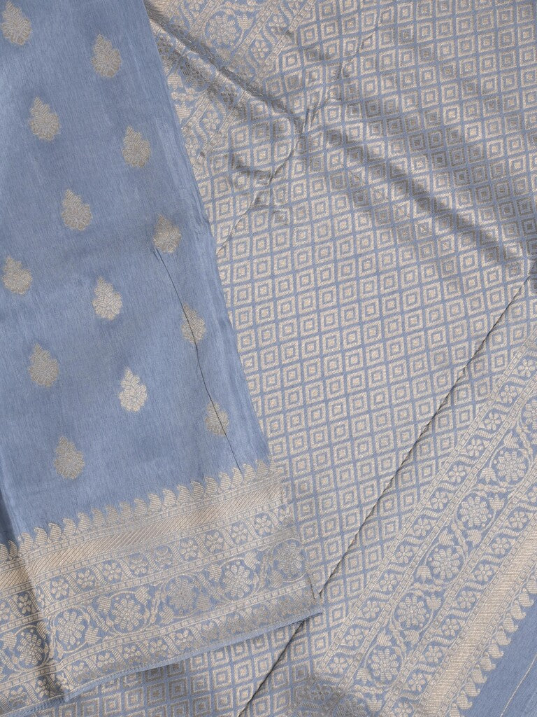 Tabby silk fancy saree light blue color allover zari motifs & zari border with rich pallu and plain blouse