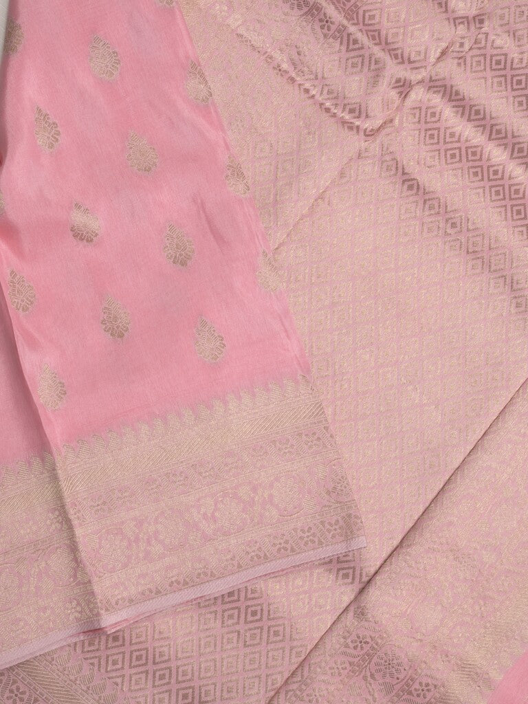 Tabby silk fancy saree baby pink color allover zari motifs & zari border with rich pallu and plain blouse