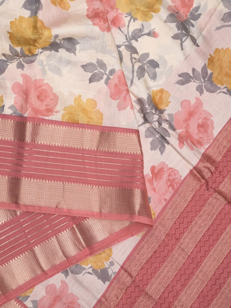 Maheshwari fancy saree white and pink color allover prints & zari border with contrast pallu and printed blouse