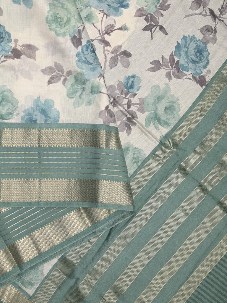 Maheshwari fancy saree white and blue color allover prints & zari border with contrast pallu and printed blouse