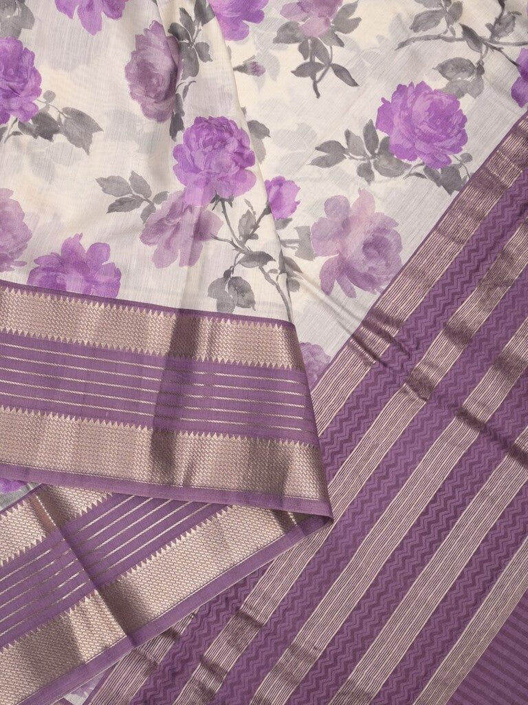 Maheshwari fancy saree white and purple color allover prints & zari border with contrast pallu and printed blouse