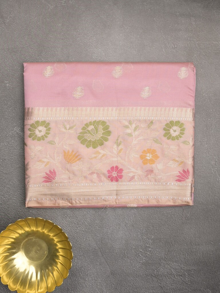 Banaras fancy saree baby pink color allover zari motifs & zari border with zari pallu and brocade blouse