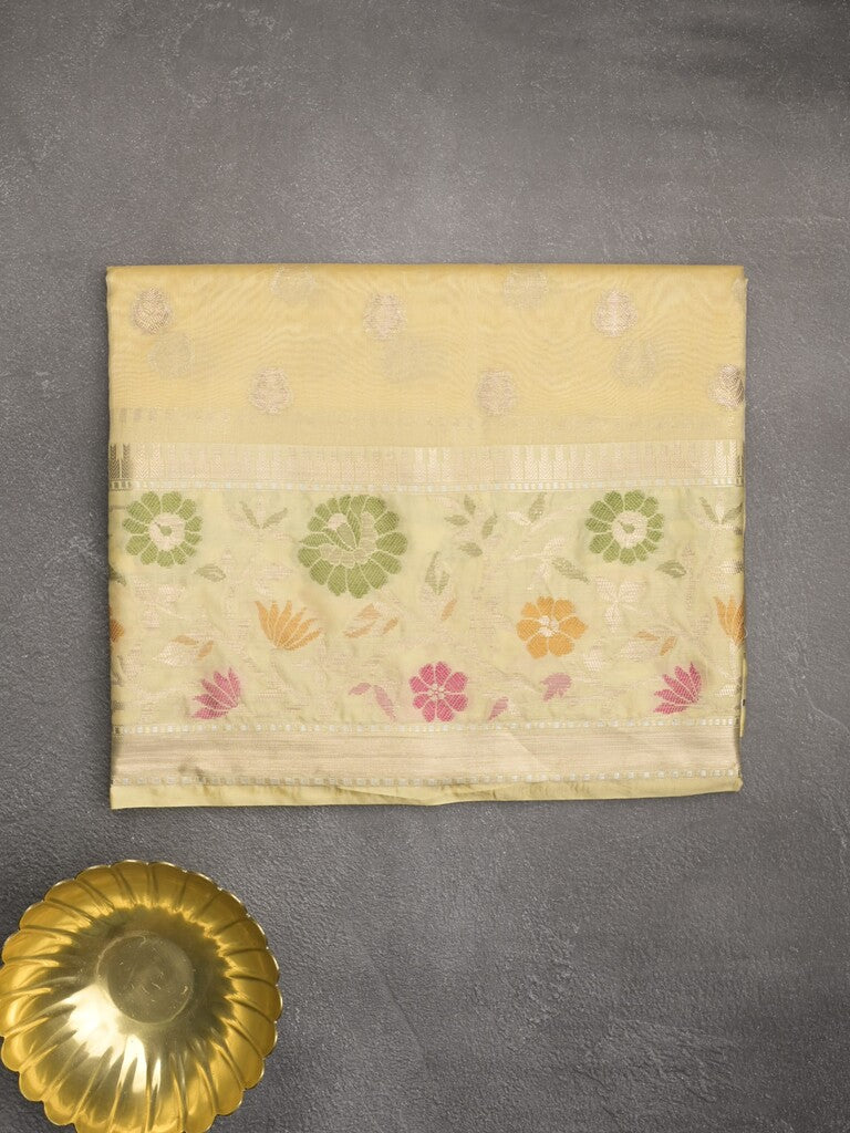 Banaras fancy saree light yellow color allover zari motifs & zari border with zari pallu and brocade blouse