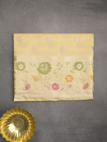 Banaras fancy saree light yellow color allover zari motifs & zari border with zari pallu and brocade blouse