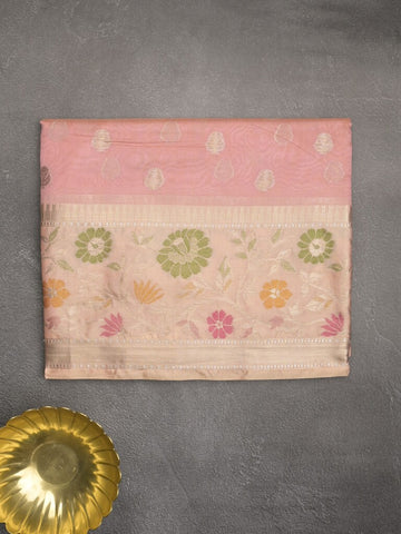 Banaras fancy saree light pink color allover zari motifs & zari border with zari pallu and brocade blouse