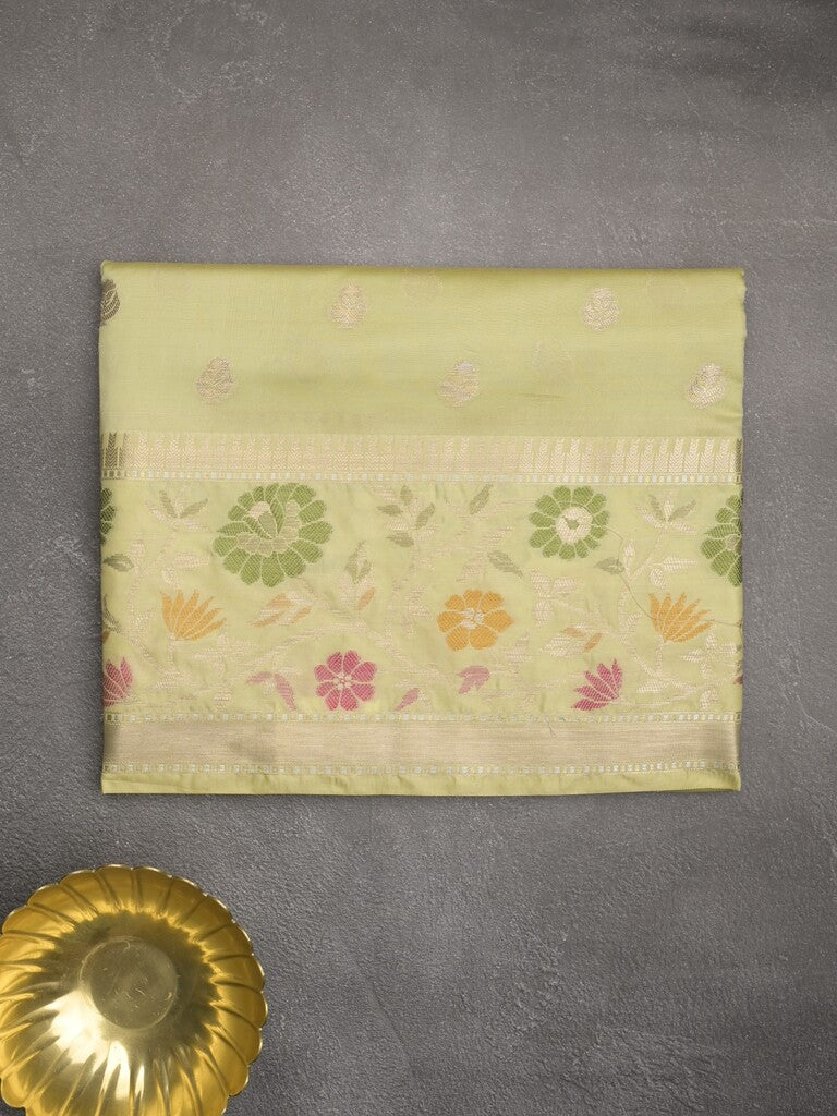 Banaras fancy saree pastel green color allover zari motifs & zari border with zari pallu and brocade blouse