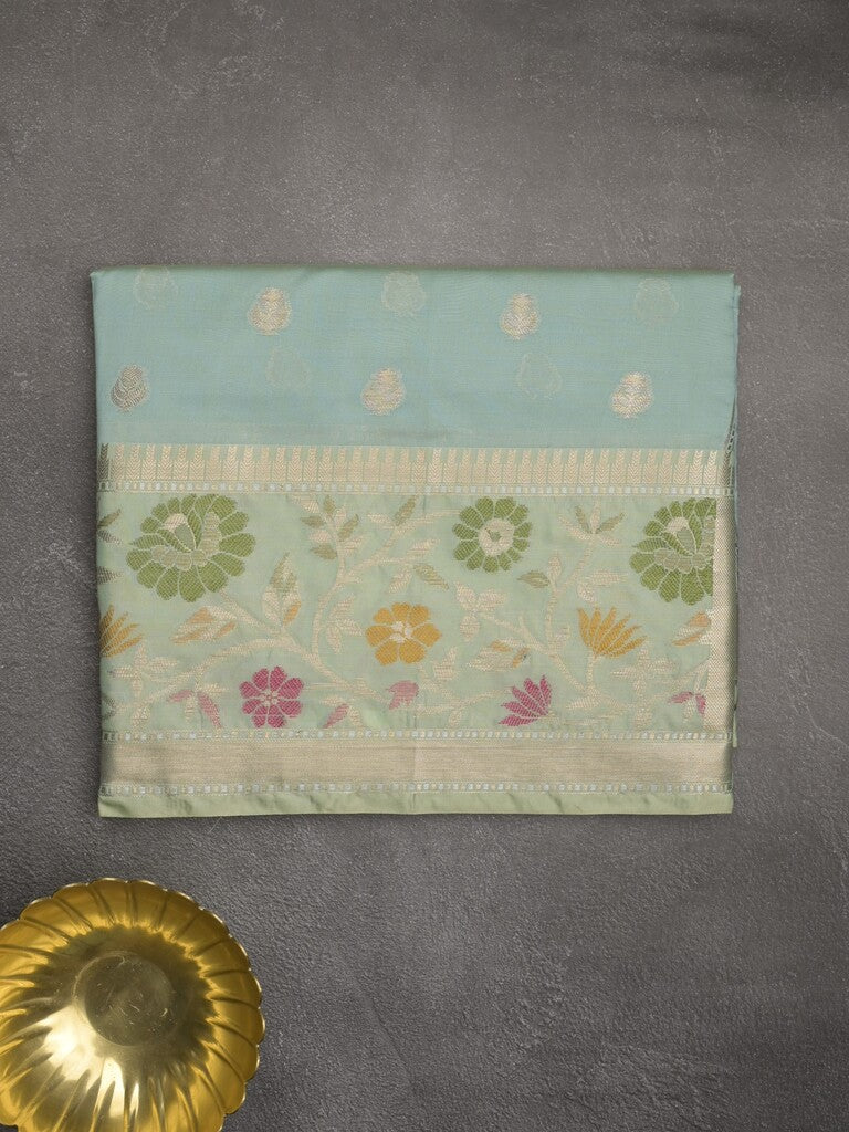 Banaras fancy saree light blue color allover zari motifs & zari border with zari pallu and brocade blouse