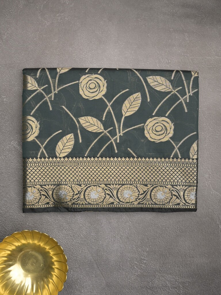 Banaras fancy saree dark grey color allover zari weaves & zari border with zari pallu and brocade blouse