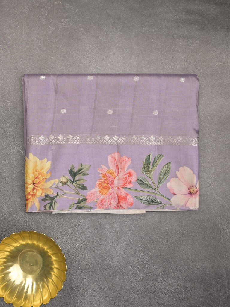 Satin silk fancy saree purple color allover zari motifs & printed border with printed pallu and printed blouse