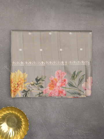 Satin silk fancy saree grey color allover zari motifs & printed border with printed pallu and printed blouse