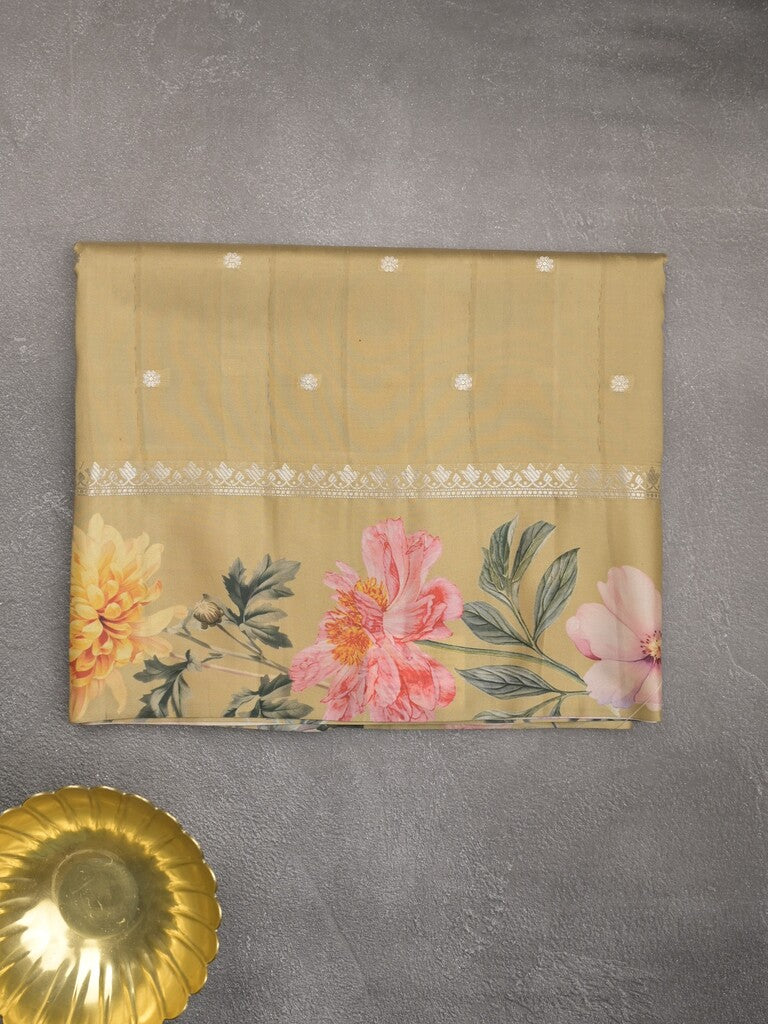 Satin silk fancy saree beige color allover zari motifs & printed border with printed pallu and printed blouse