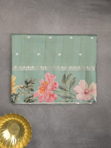 Satin silk fancy saree lux green color allover zari motifs & printed border with printed pallu and printed blouse