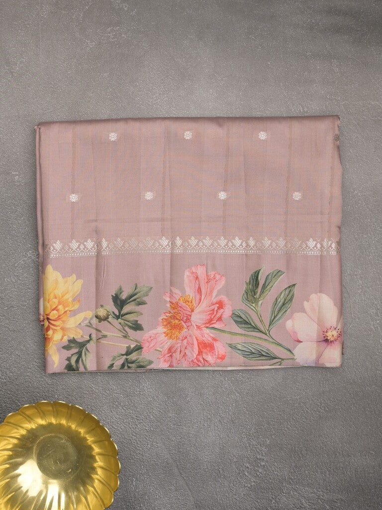 Satin silk fancy saree pinkish purple color allover zari motifs & printed border with printed pallu and printed blouse