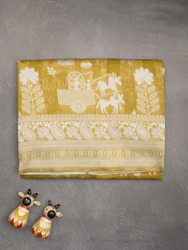 Chanderi fancy saree golden yellow color allover motifs & zari border with self pallu and plain blouse