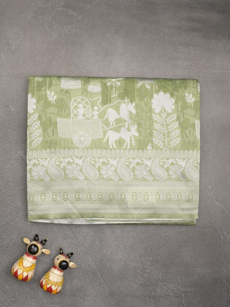 Chanderi fancy saree light olive green color allover motifs & zari border with self pallu and plain blouse