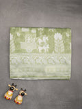 Chanderi fancy saree light olive green color allover motifs & zari border with self pallu and plain blouse