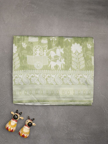 Chanderi fancy saree light olive green color allover motifs & zari border with self pallu and plain blouse