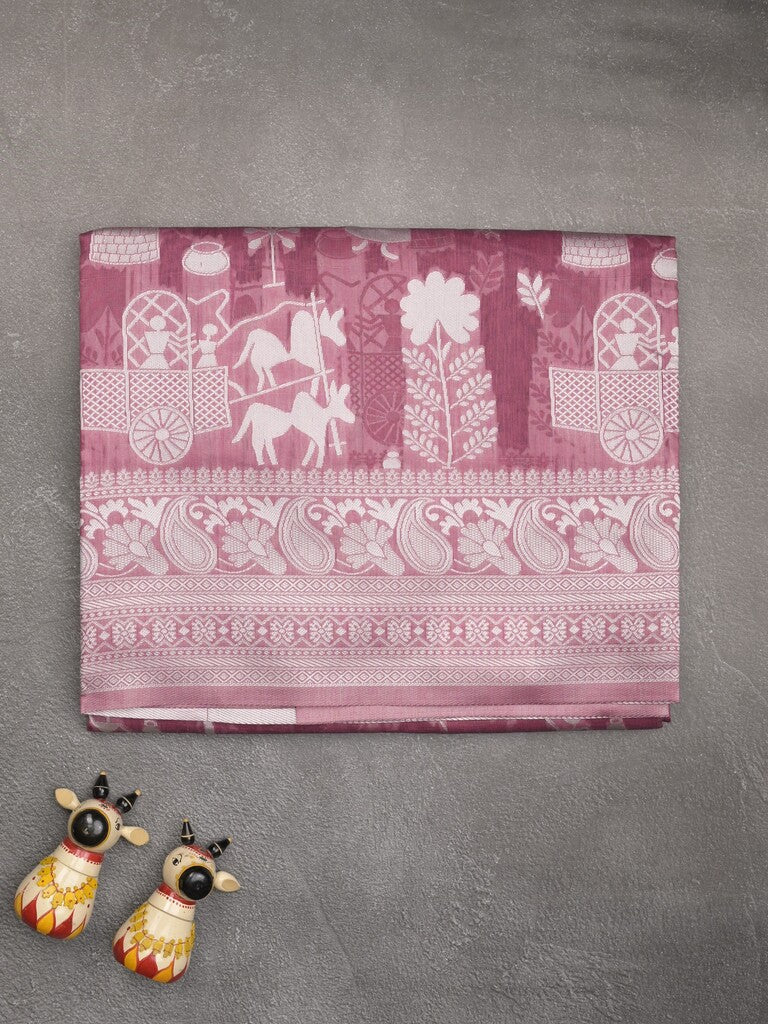 Chanderi fancy saree purple color allover motifs & zari border with self pallu and plain blouse