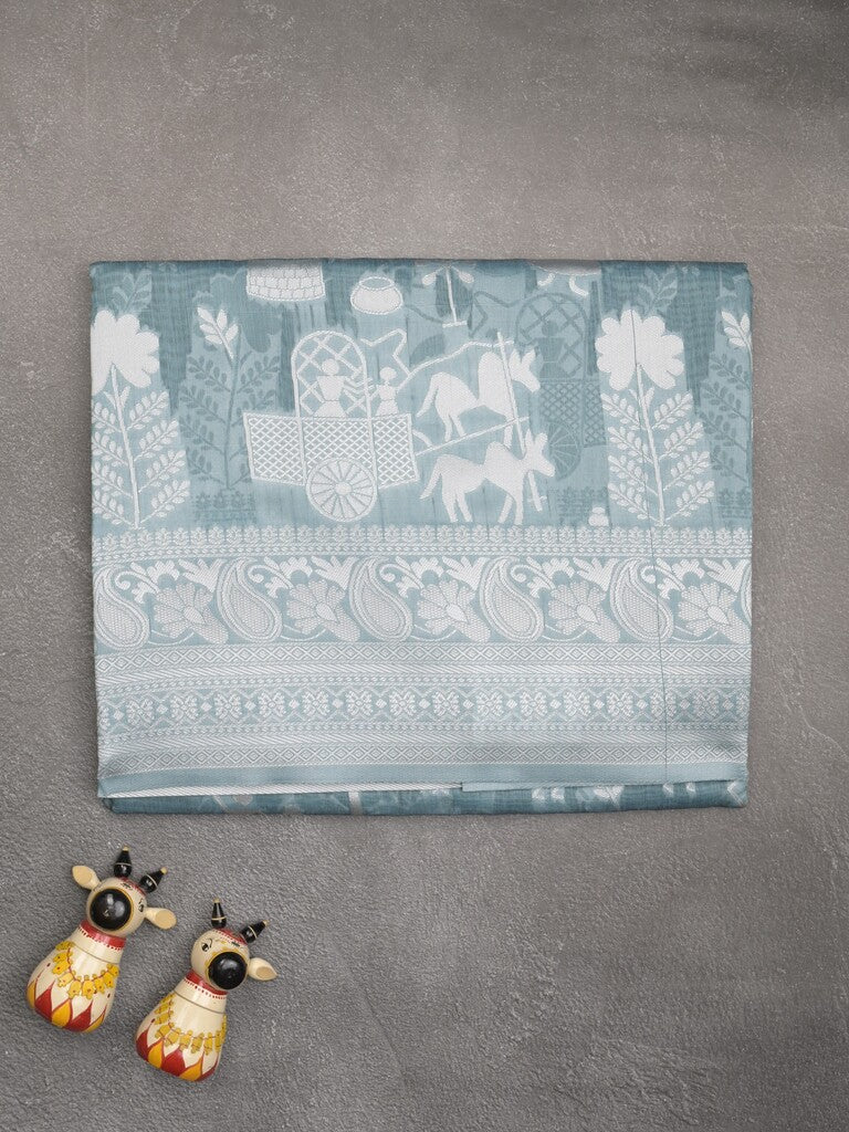 Chanderi fancy saree light blue color allover motifs & zari border with self pallu and plain blouse