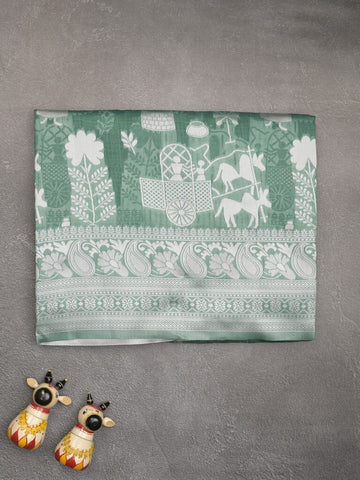 Chanderi fancy saree leaf green color allover motifs & zari border with self pallu and plain blouse