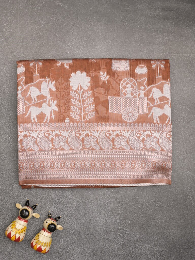 Chanderi fancy saree brown color allover motifs & zari border with self pallu and plain blouse