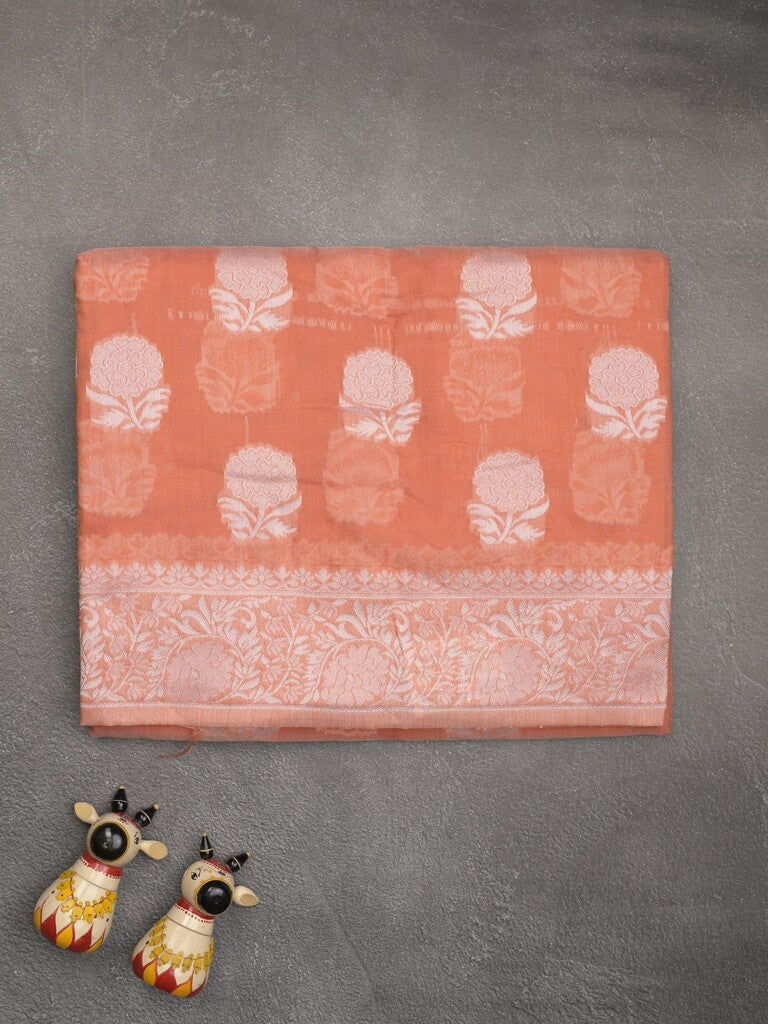 Chanderi fancy saree light orange color allover motifs & zari border with self pallu and plain blouse