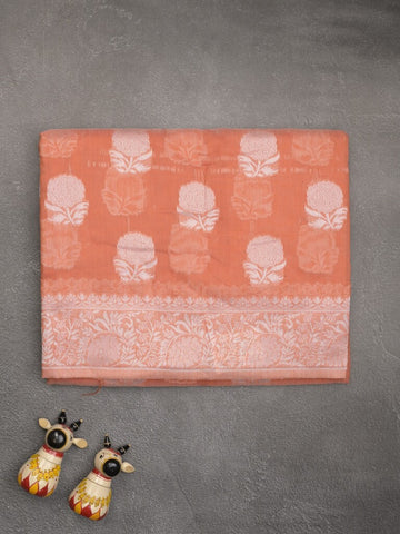 Chanderi fancy saree light orange color allover motifs & zari border with self pallu and plain blouse
