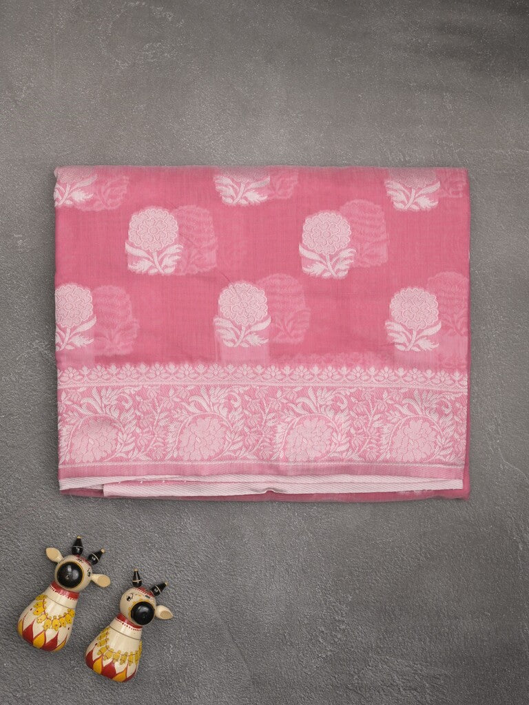 Chanderi fancy saree light pink color allover motifs & zari border with self pallu and plain blouse