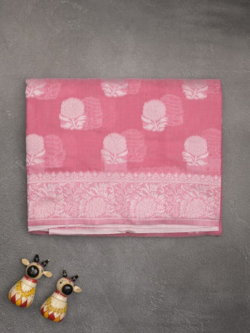 Chanderi fancy saree light pink color allover motifs & zari border with self pallu and plain blouse